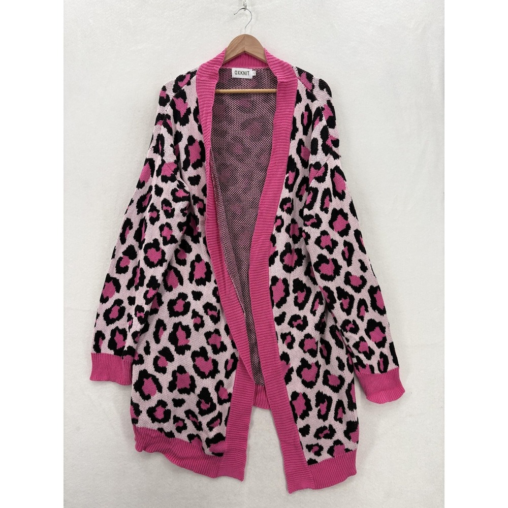 OXKNIT Cardigan Sweater Womens Large Pink Leopard Open Front Knit Cozy Animal